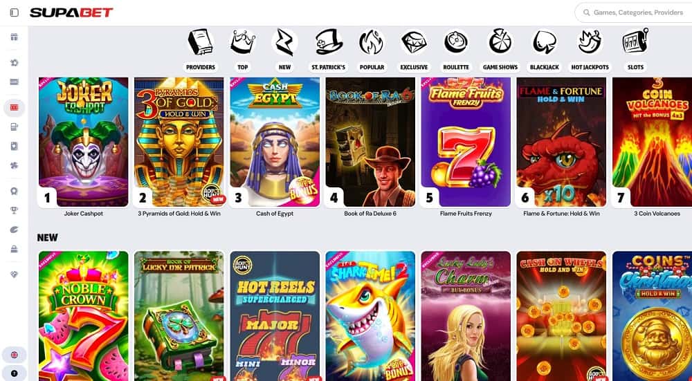 Screenshot der SupaBet Casino-Startseite mit vorgestellten Spielautomaten wie Joker Cashpot, Cash of Egypt und Book of Ra Deluxe 6. 